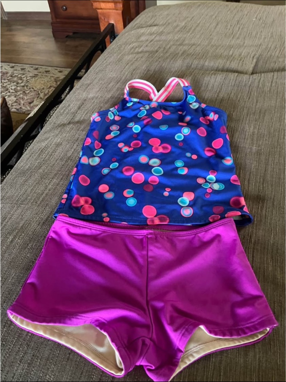 Lands' End Girls' Blue Polka Dot Tankini Top with Pink Swim Shorts